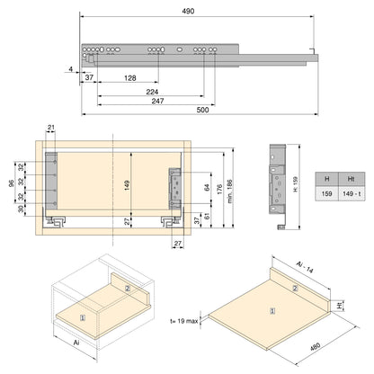 Emuca Cassetto esterno Simplex 25 kg, altezza 159 mm, profondità 490 mm, Acciaio, Verniciato bianco