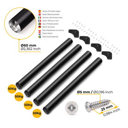 Emuca Lotto di 4 gambe per tavolo, diametro 60mm, H 830mm, Acciaio, Verniciato nero