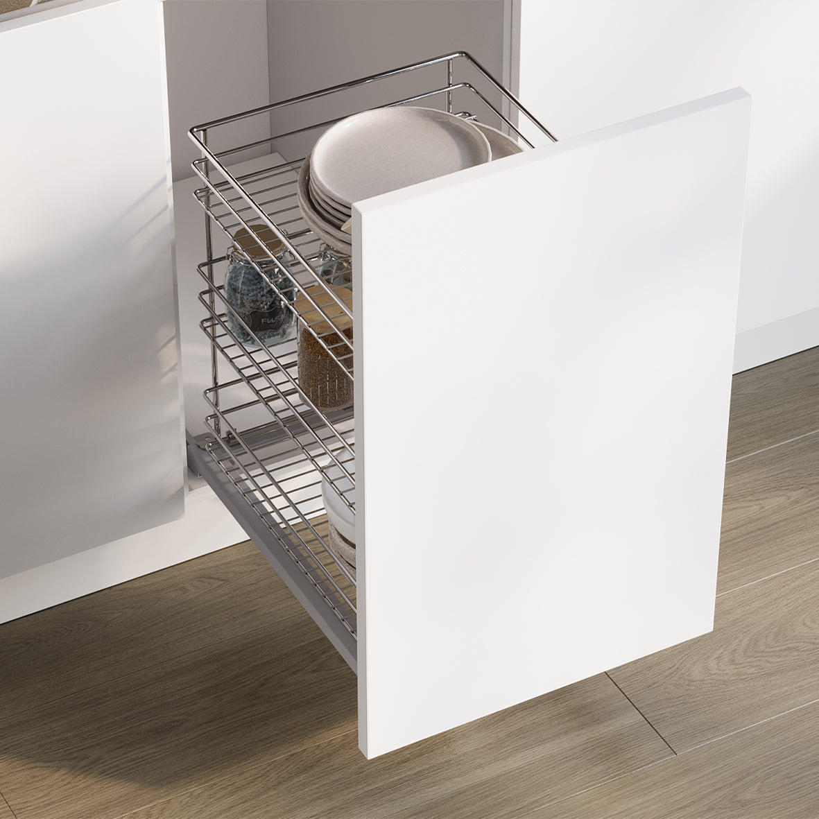 Emuca Carrello estraibile Supra con fissaggio inferiore con chiusura softt, modulo 400mm, Acciaio, Cromato