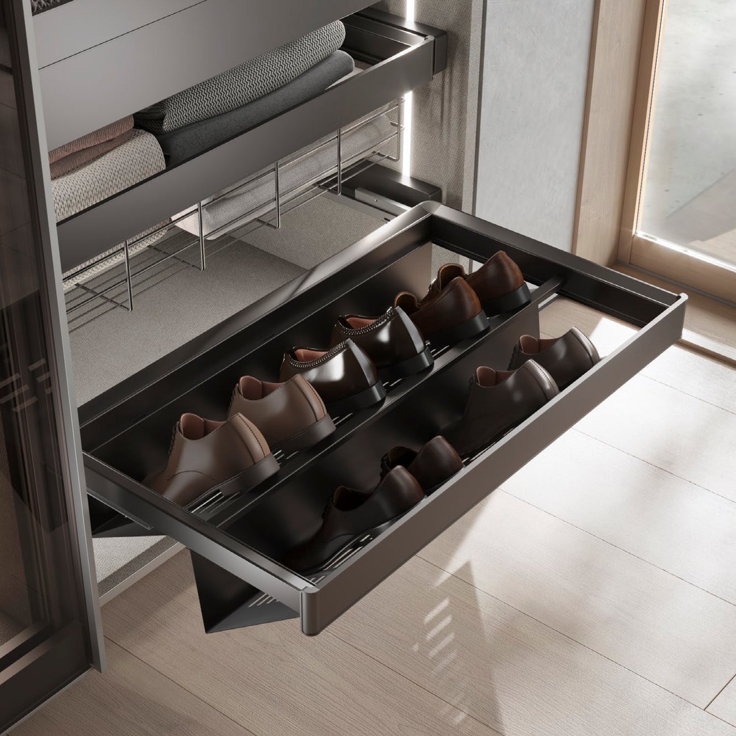 Emuca Kit di cassetto porta-scarpe estraibile per armadi Quartz, regolabile, modulo 900mm, Acciaio, alluminio e plastica, Titanio