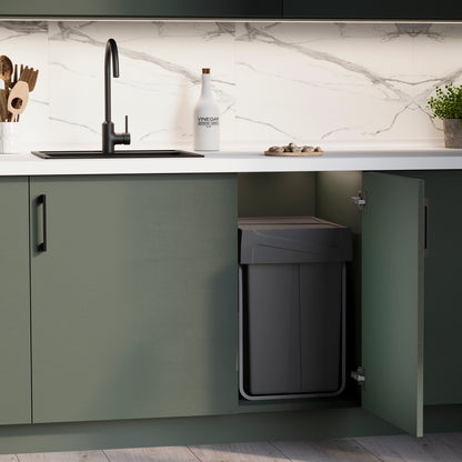 Emuca Contenitore per la raccolta differenziata Recycle da montare sul fondo e da estrarre manualmente in cucina Recycle 2x25lt, Grigio antracite, Tecnoplastica