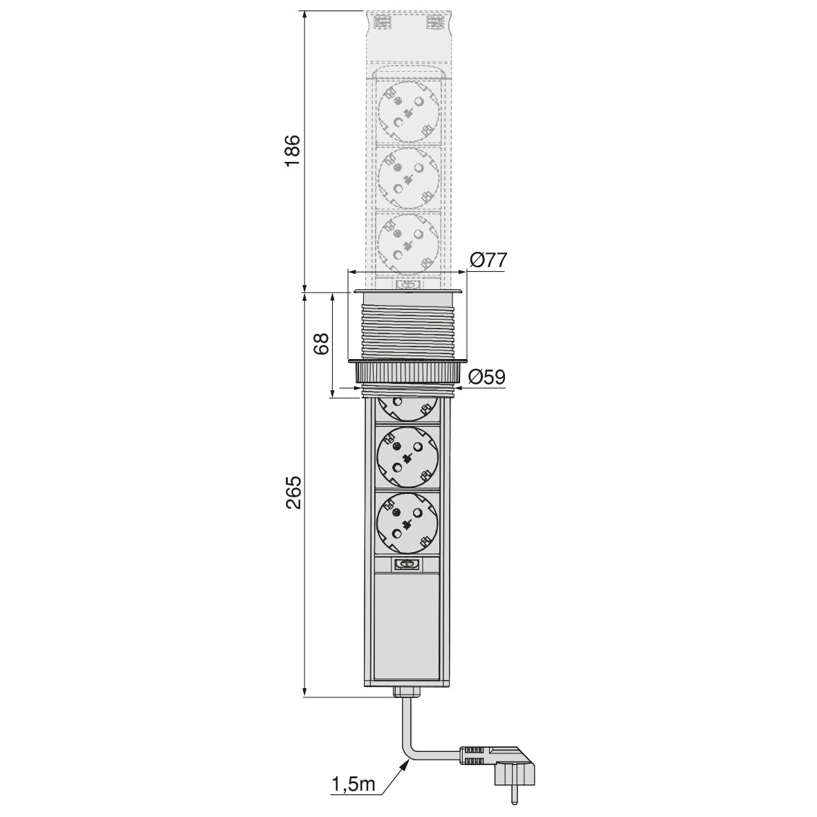 Emuca Multiconnettore estraibile Vertikal Push 60, diametro 60 mm, 3 prese Schuko, 1 USB tipo A, 1 USB tipo C, Acciaio e Tecnoplastica, Acciaio inossidabile