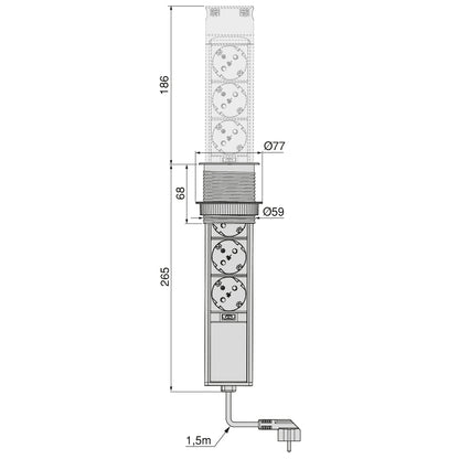 Emuca Multiconnettore estraibile Vertikal Push 60, diametro 60 mm, 3 prese Schuko, 1 USB tipo A, 1 USB tipo C, Acciaio e Tecnoplastica, Acciaio inossidabile