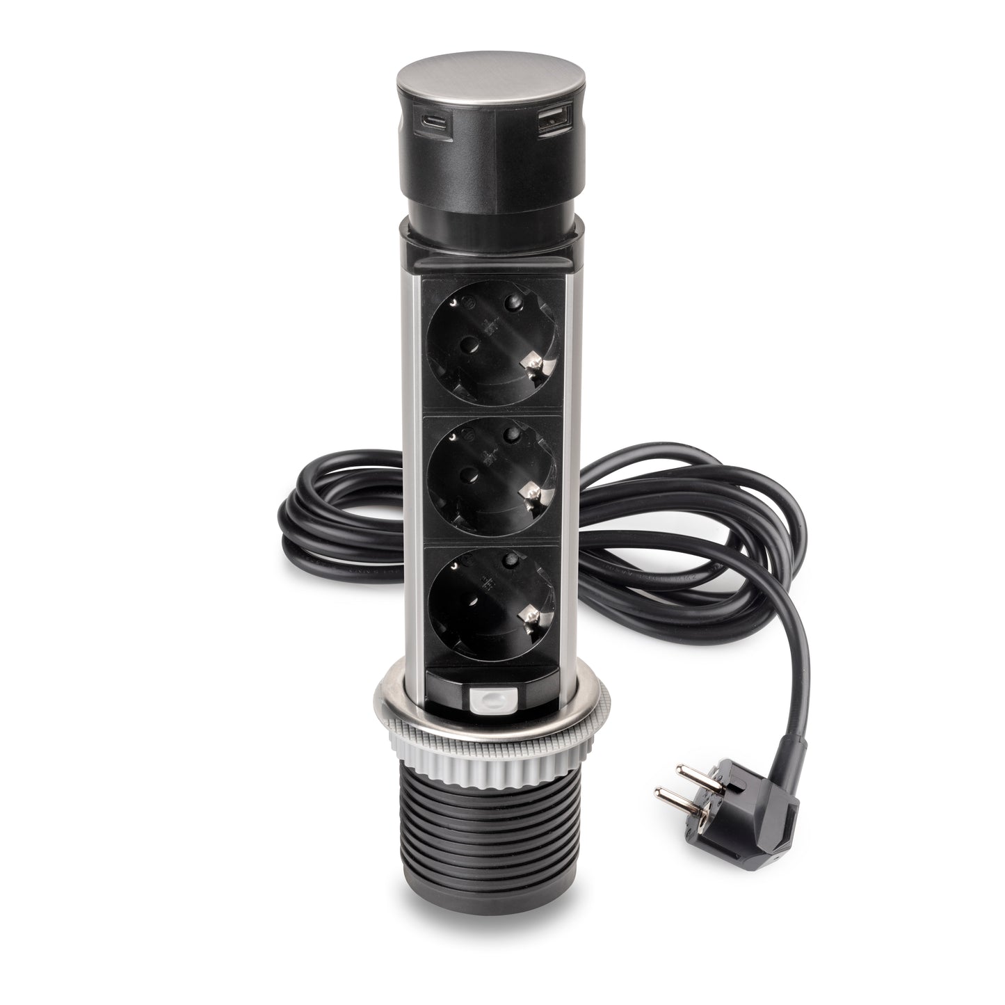 Emuca Multiconnettore estraibile Vertikal Push 60, diametro 60 mm, 3 prese Schuko, 1 USB tipo A, 1 USB tipo C, Acciaio e Tecnoplastica, Acciaio inossidabile