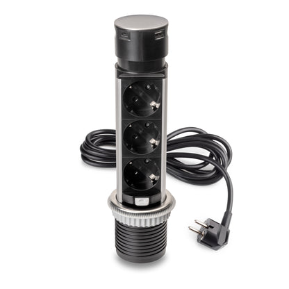 Emuca Multiconnettore estraibile Vertikal Push 60, diametro 60 mm, 3 prese Schuko, 1 USB tipo A, 1 USB tipo C, Acciaio e Tecnoplastica, Acciaio inossidabile