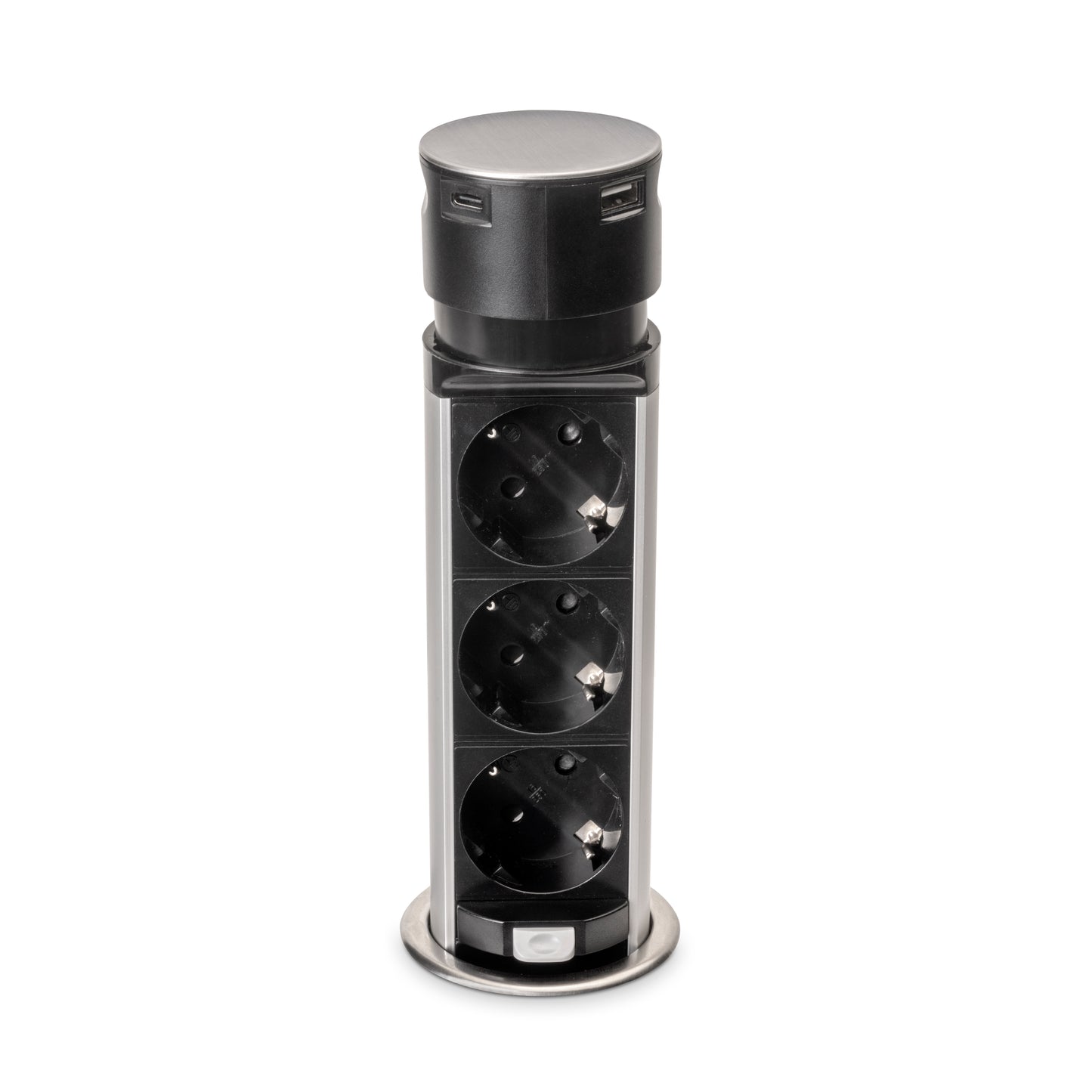 Emuca Multiconnettore estraibile Vertikal Push 60, diametro 60 mm, 3 prese Schuko, 1 USB tipo A, 1 USB tipo C, Acciaio e Tecnoplastica, Acciaio inossidabile