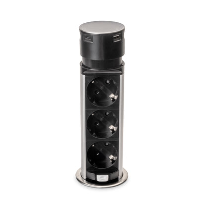 Emuca Multiconnettore estraibile Vertikal Push 60, diametro 60 mm, 3 prese Schuko, 1 USB tipo A, 1 USB tipo C, Acciaio e Tecnoplastica, Acciaio inossidabile
