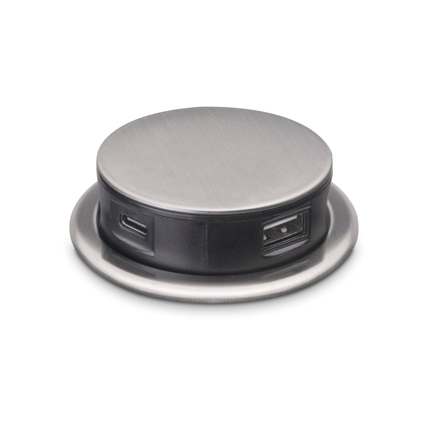 Emuca Multiconnettore estraibile Vertikal Push 60, diametro 60 mm, 3 prese Schuko, 1 USB tipo A, 1 USB tipo C, Acciaio e Tecnoplastica, Acciaio inossidabile