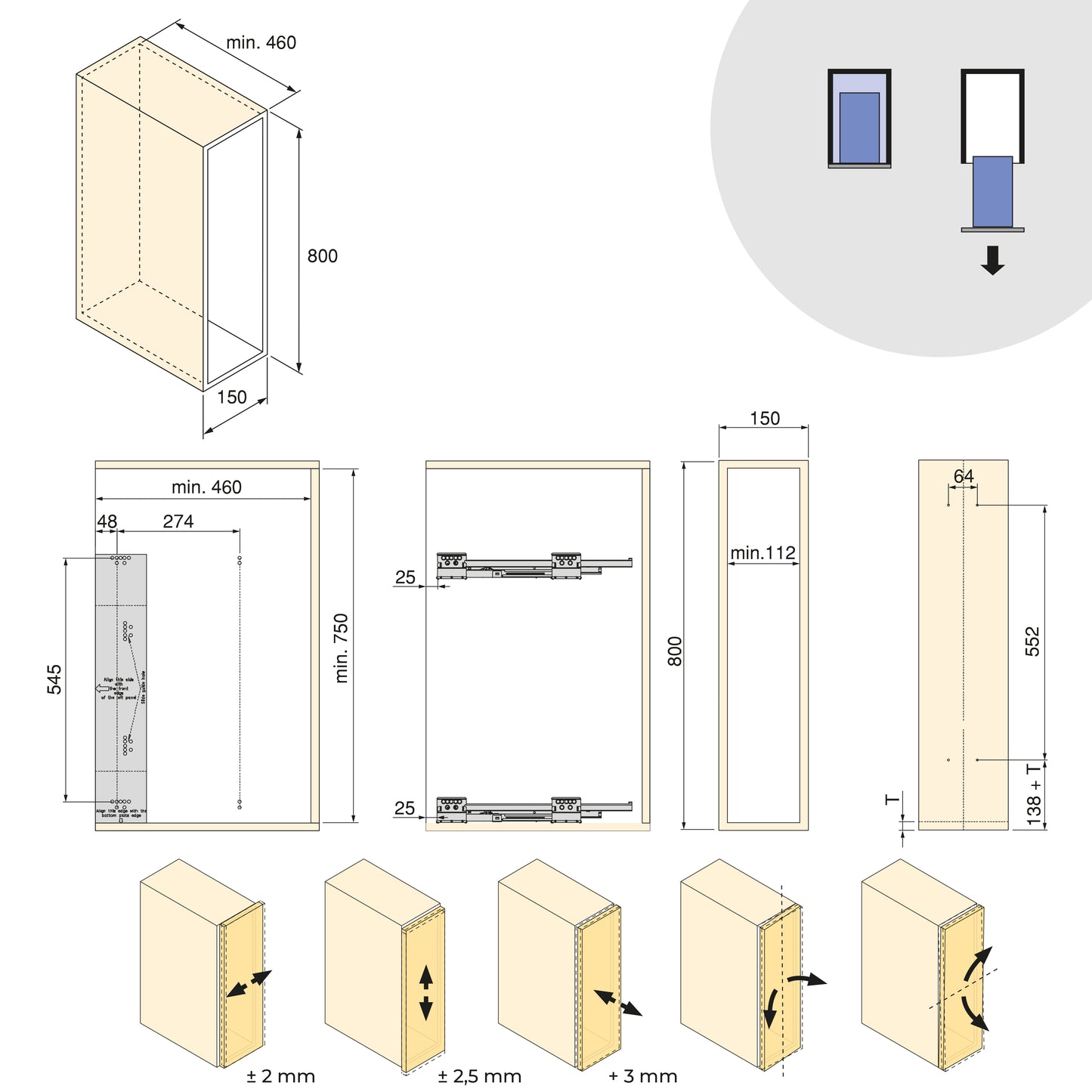 Emuca Portabottiglie laterale estraibile Harmony con chiusura soft, Modulo larghezza 150mm altezza 800mm, Acciaio e Legno, Grigio antracite