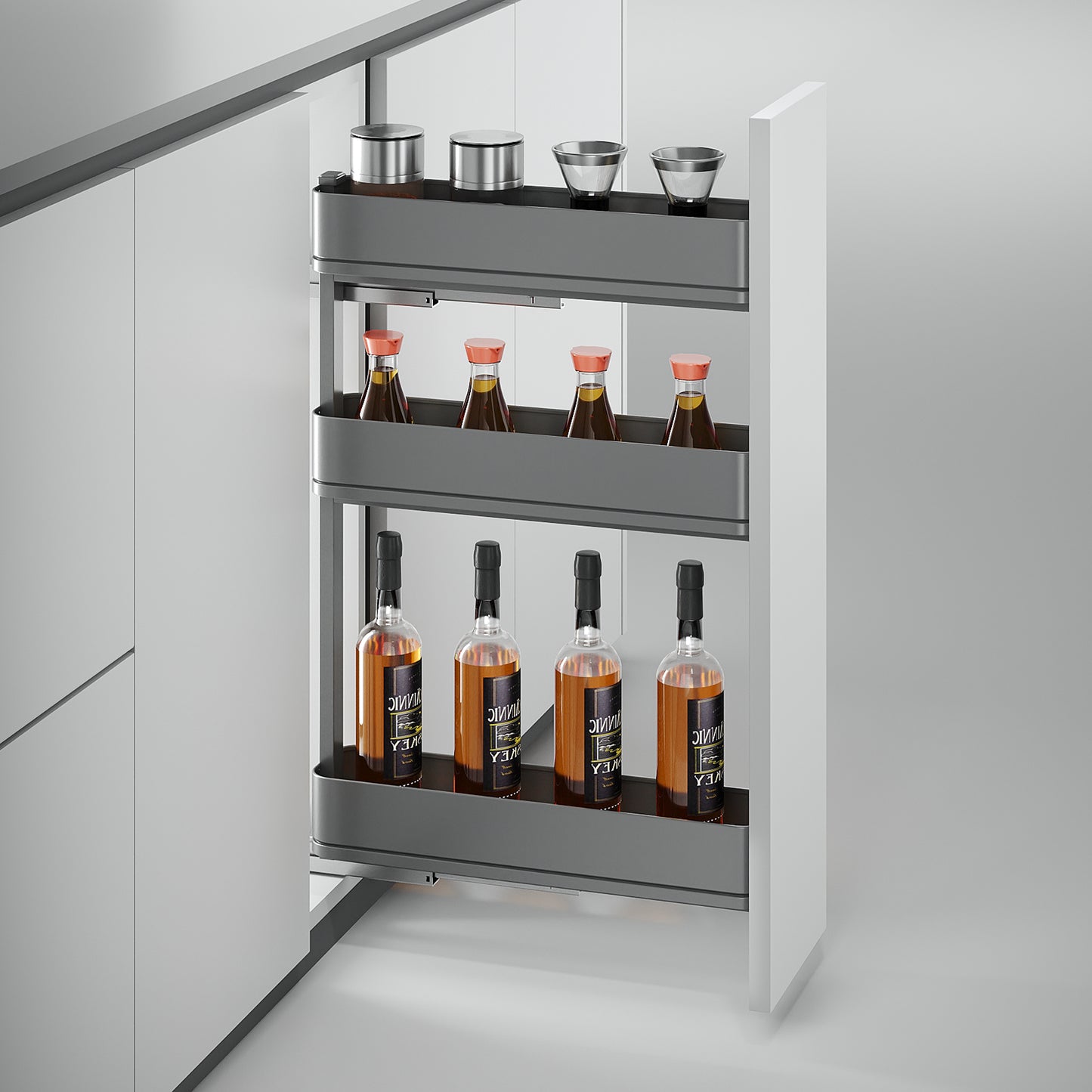 Emuca Portabottiglie laterale estraibile Harmony con chiusura soft, Modulo larghezza 150mm altezza 800mm, Acciaio e Legno, Grigio antracite