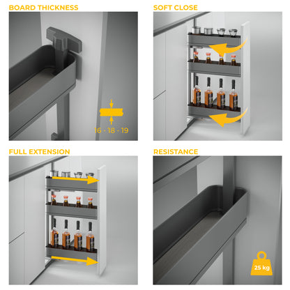 Emuca Portabottiglie laterale estraibile Harmony con chiusura soft, Modulo larghezza 150mm altezza 800mm, Acciaio e Legno, Grigio antracite