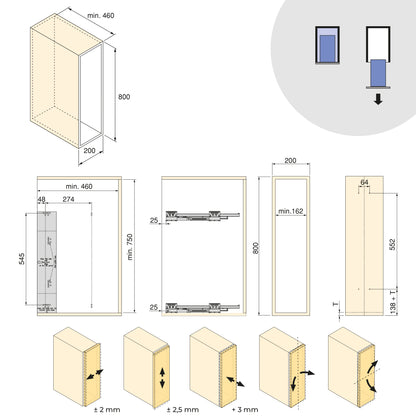 Emuca Portabottiglie laterale estraibile Harmony con chiusura soft, Modulo larghezza 200mm altezza 800mm, Acciaio e Legno, Grigio antracite