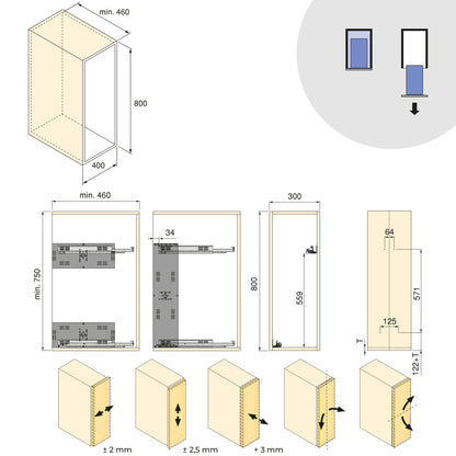 Emuca Carrello estraibile Harmony con chiusura soft, Modulo larghezza 300mm altezza 800mm, Acciaio e Legno, Grigio antracite