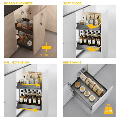 Emuca Carrello estraibile Harmony con chiusura soft, Modulo larghezza 400mm altezza 700mm, Acciaio e Legno, Grigio antracite