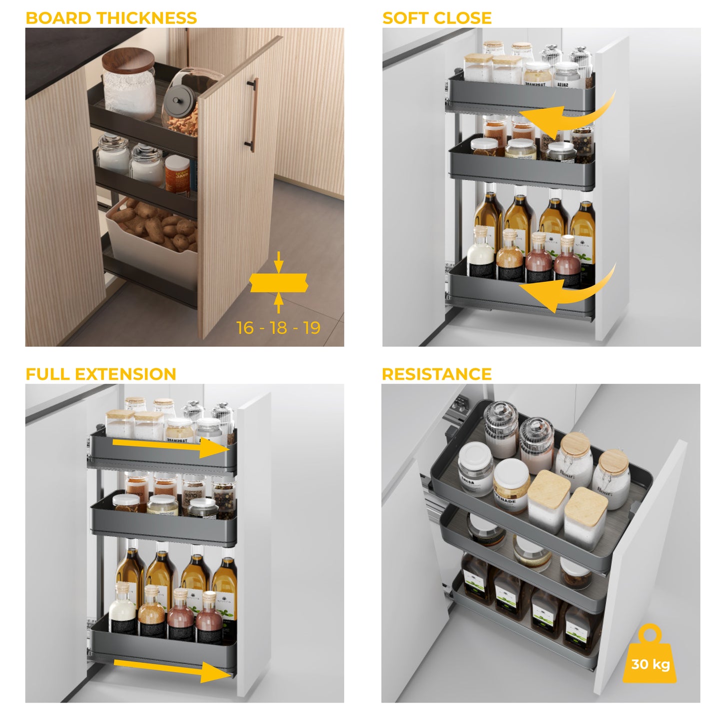 Emuca Carrello estraibile Harmony con chiusura soft, Modulo larghezza 400mm altezza 800mm, Acciaio e Legno, Grigio antracite