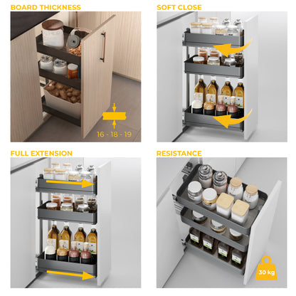 Emuca Carrello estraibile Harmony con chiusura soft, Modulo larghezza 400mm altezza 800mm, Acciaio e Legno, Grigio antracite