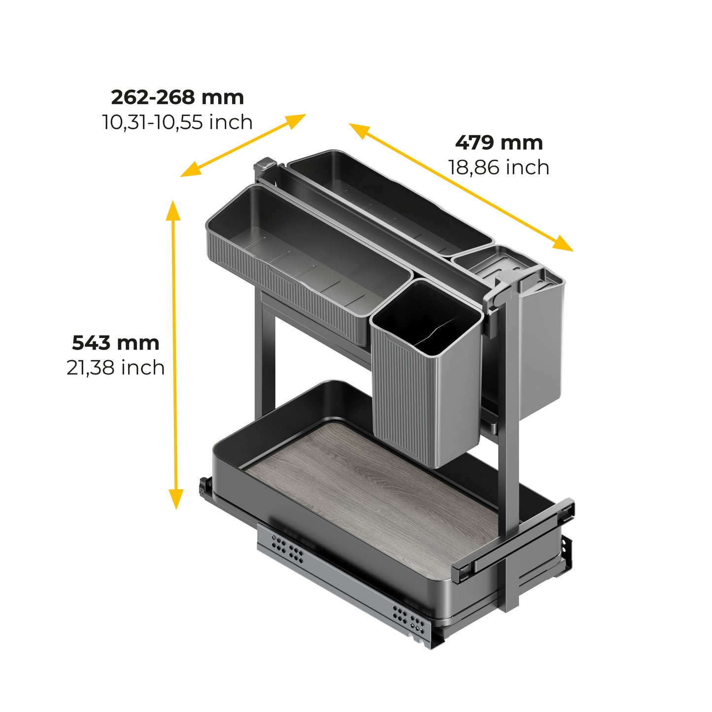 Emuca Carrello estraibile con cestelli e accessori Harmony con chiusura soft, Modulo larghezza 300mm altezza 700mm, Acciaio e Legno, Grigio antracite