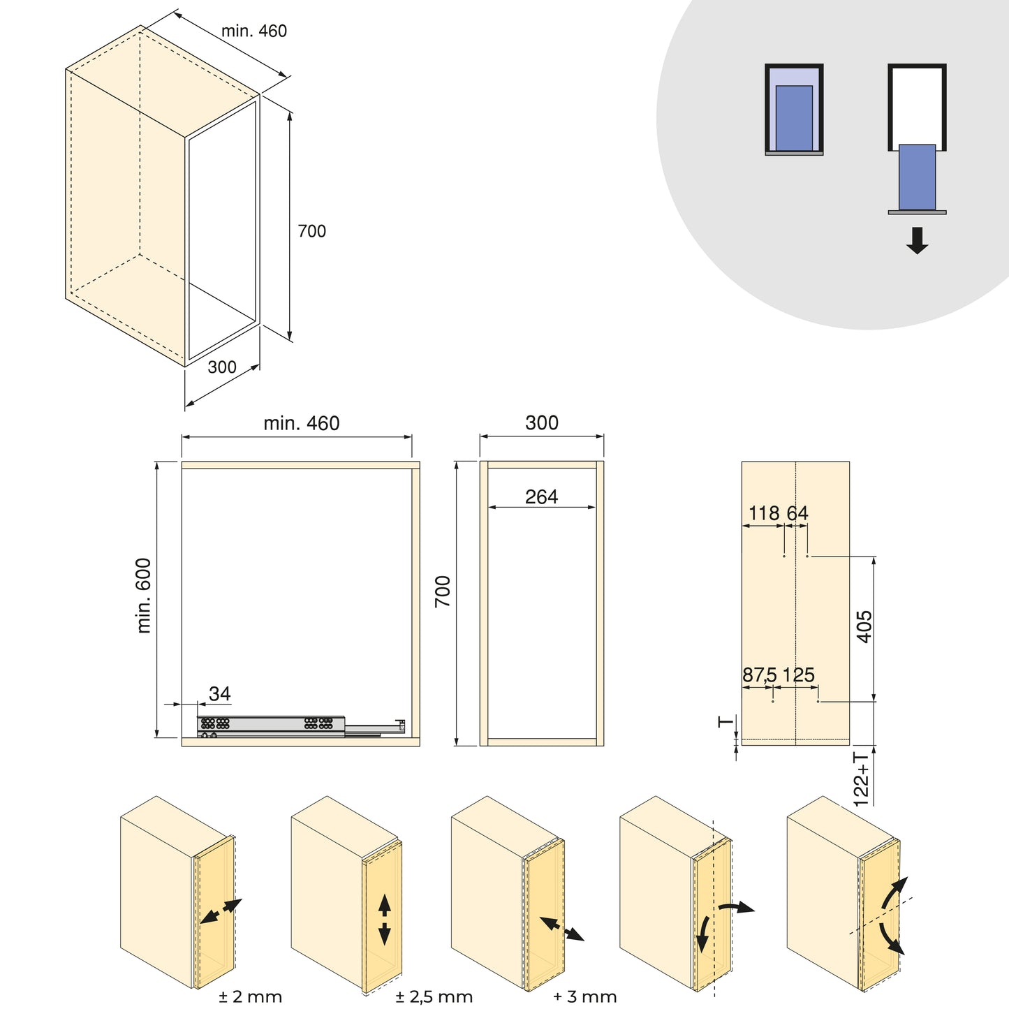 Emuca Carrello estraibile con cestelli e accessori Harmony con chiusura soft, Modulo larghezza 300mm altezza 700mm, Acciaio e Legno, Grigio antracite