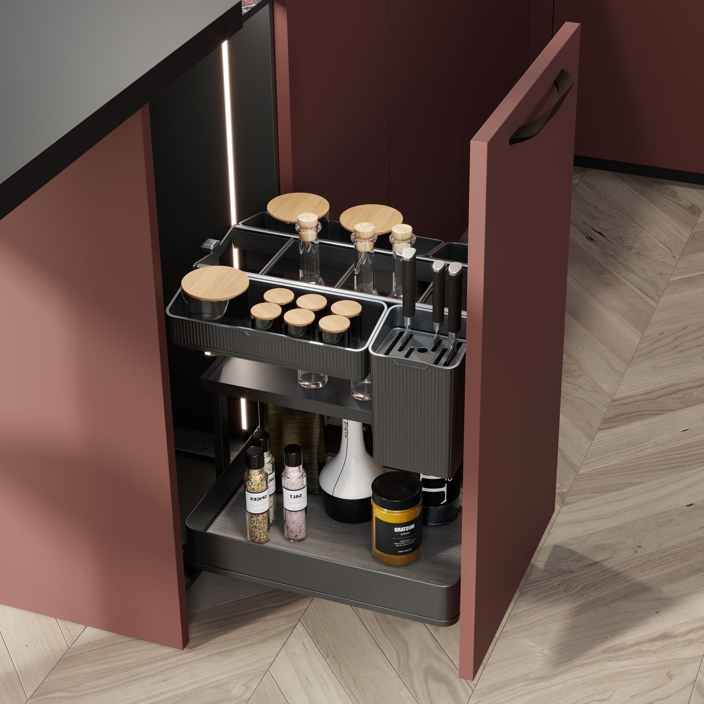 Emuca Carrello estraibile con cestelli e accessori Harmony con chiusura soft, Modulo larghezza 300mm altezza 700mm, Acciaio e Legno, Grigio antracite