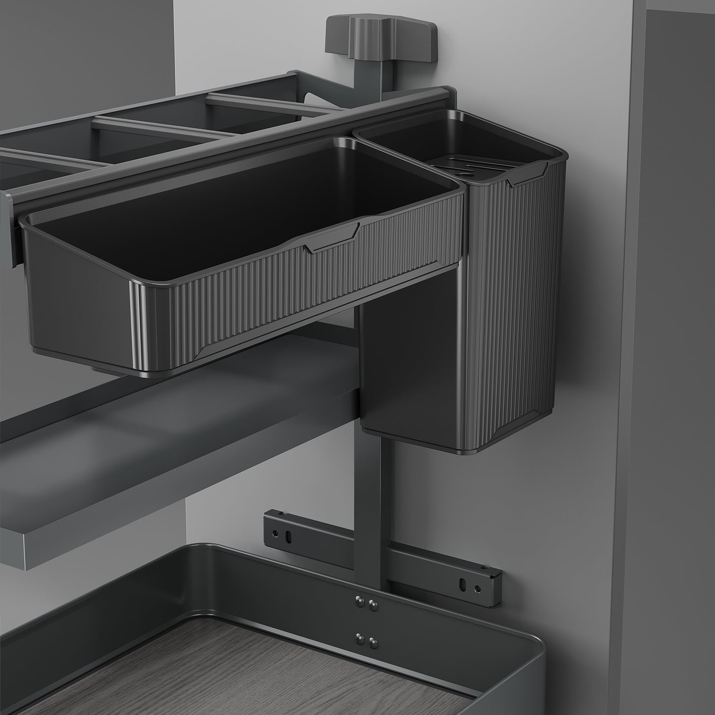 Emuca Carrello estraibile con cestelli e accessori Harmony con chiusura soft, Modulo larghezza 300mm altezza 700mm, Acciaio e Legno, Grigio antracite