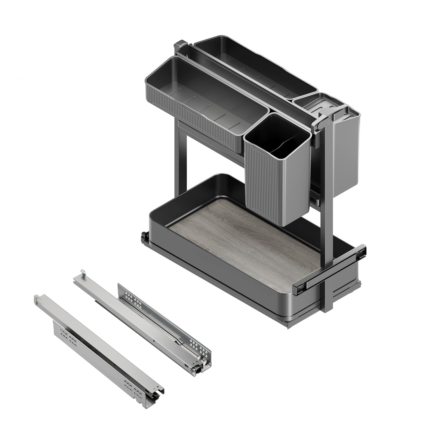 Emuca Carrello estraibile con cestelli e accessori Harmony con chiusura soft, Modulo larghezza 300mm altezza 700mm, Acciaio e Legno, Grigio antracite