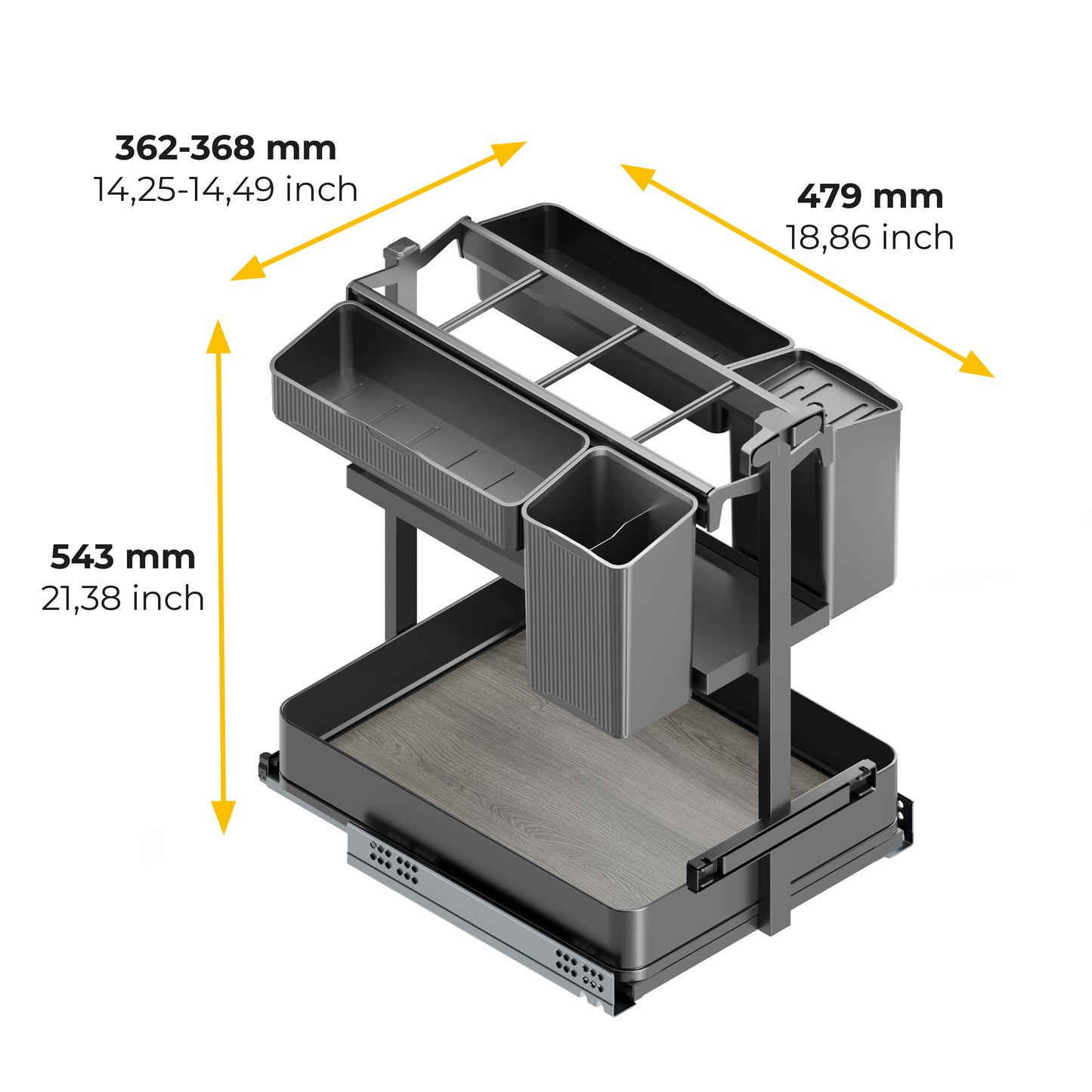 Emuca Carrello estraibile con cestelli e accessori Harmony con chiusura soft, Modulo larghezza 400mm altezza 700mm, Acciaio e Legno, Grigio antracite