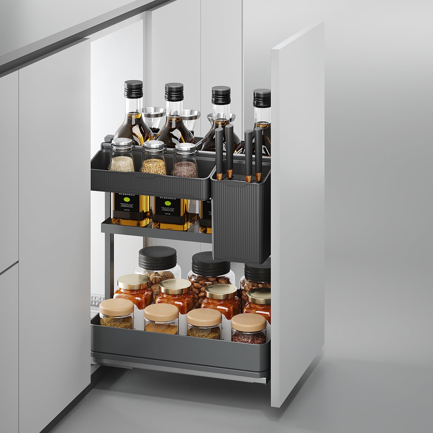 Emuca Carrello estraibile con cestelli e accessori Harmony con chiusura soft, Modulo larghezza 400mm altezza 700mm, Acciaio e Legno, Grigio antracite