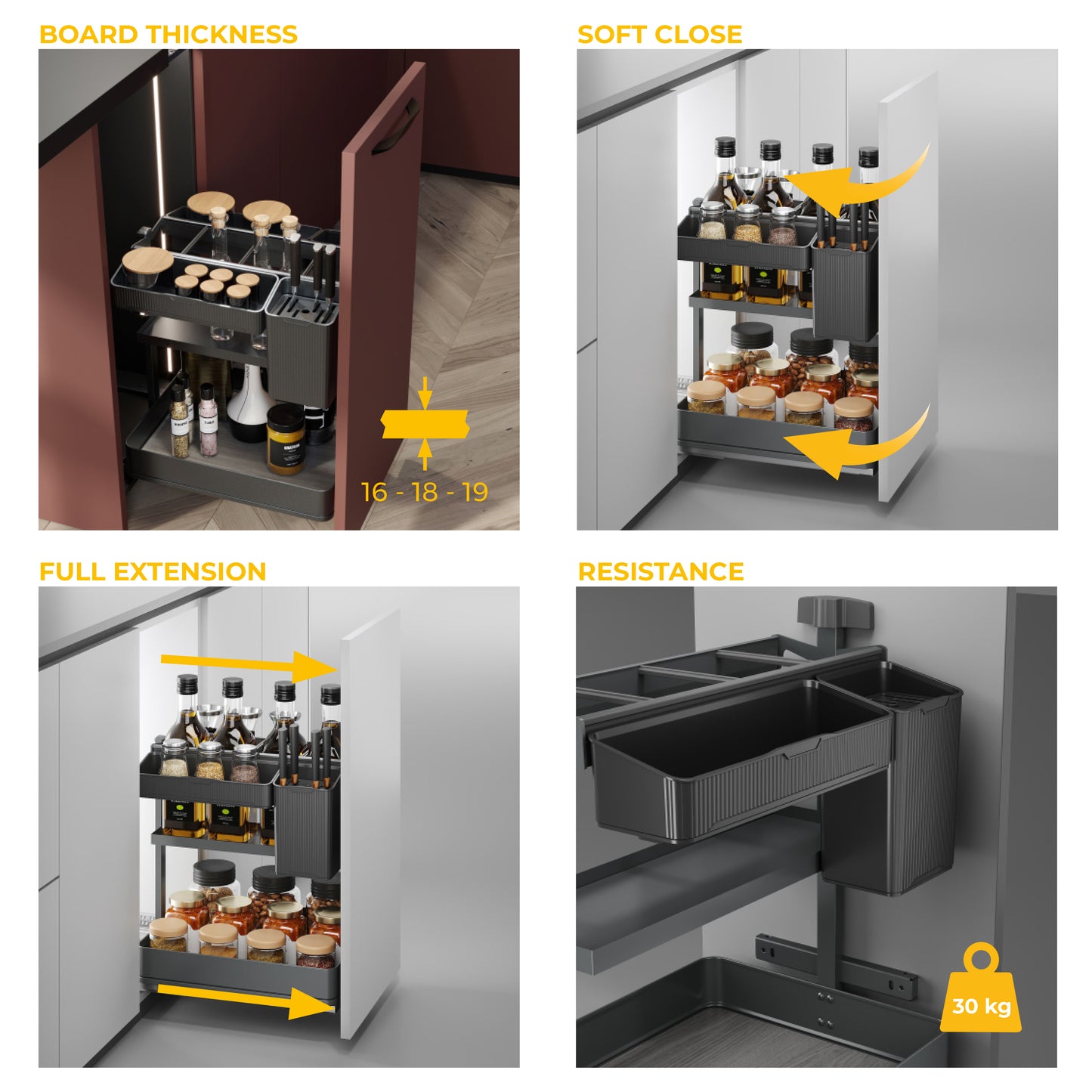 Emuca Carrello estraibile con cestelli e accessori Harmony con chiusura soft, Modulo larghezza 400mm altezza 700mm, Acciaio e Legno, Grigio antracite
