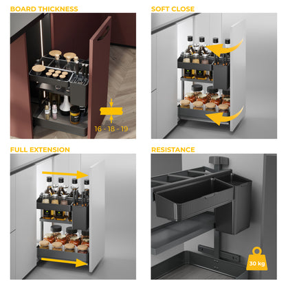 Emuca Carrello estraibile con cestelli e accessori Harmony con chiusura soft, Modulo larghezza 400mm altezza 700mm, Acciaio e Legno, Grigio antracite