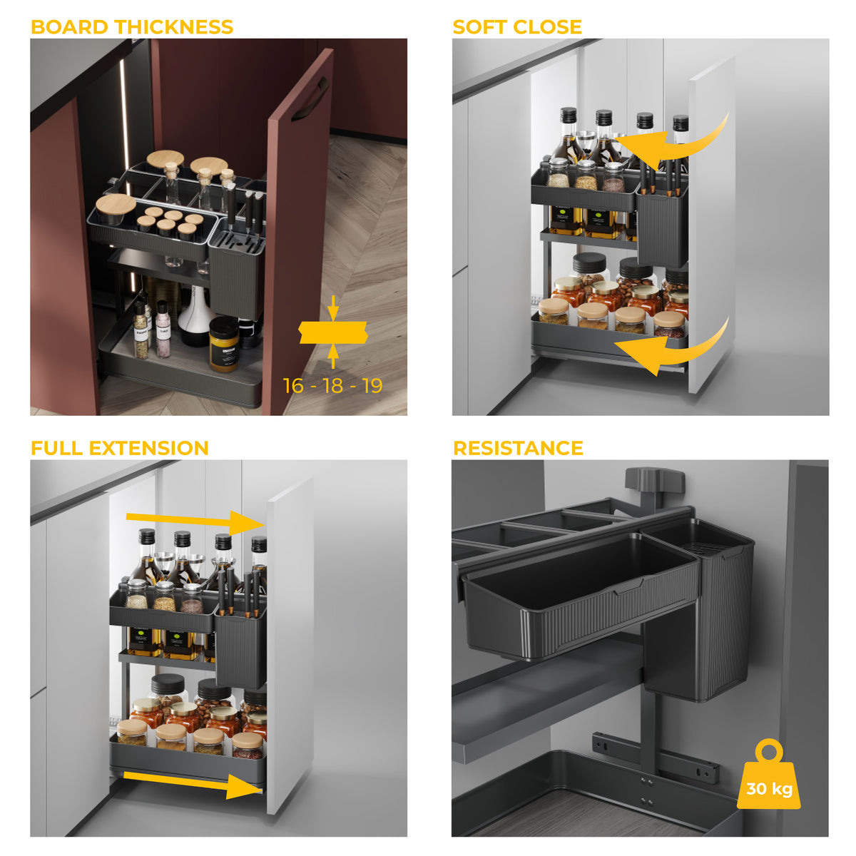 Carrello estraibile con cestelli e accessori Harmony con chiusura soft