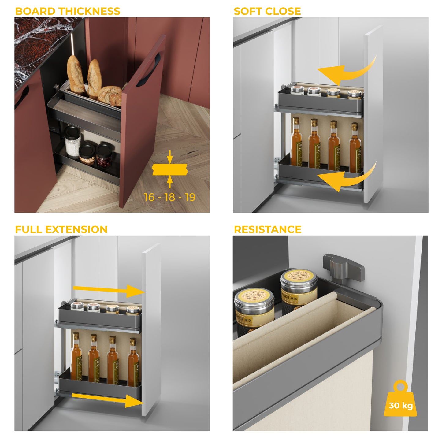 Emuca Carrello estraibile con cestelli e portapane Harmony con chiusura soft, Modulo larghezza 300mm altezza 700mm, Acciaio e Legno, Grigio antracite