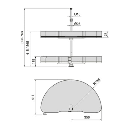 Emuca Coppia di cestelli girevoli Harmony semicircolare, Modulo larghezza 800mm, Altezza regolabile, Acciaio e Legno, Grigio antracite