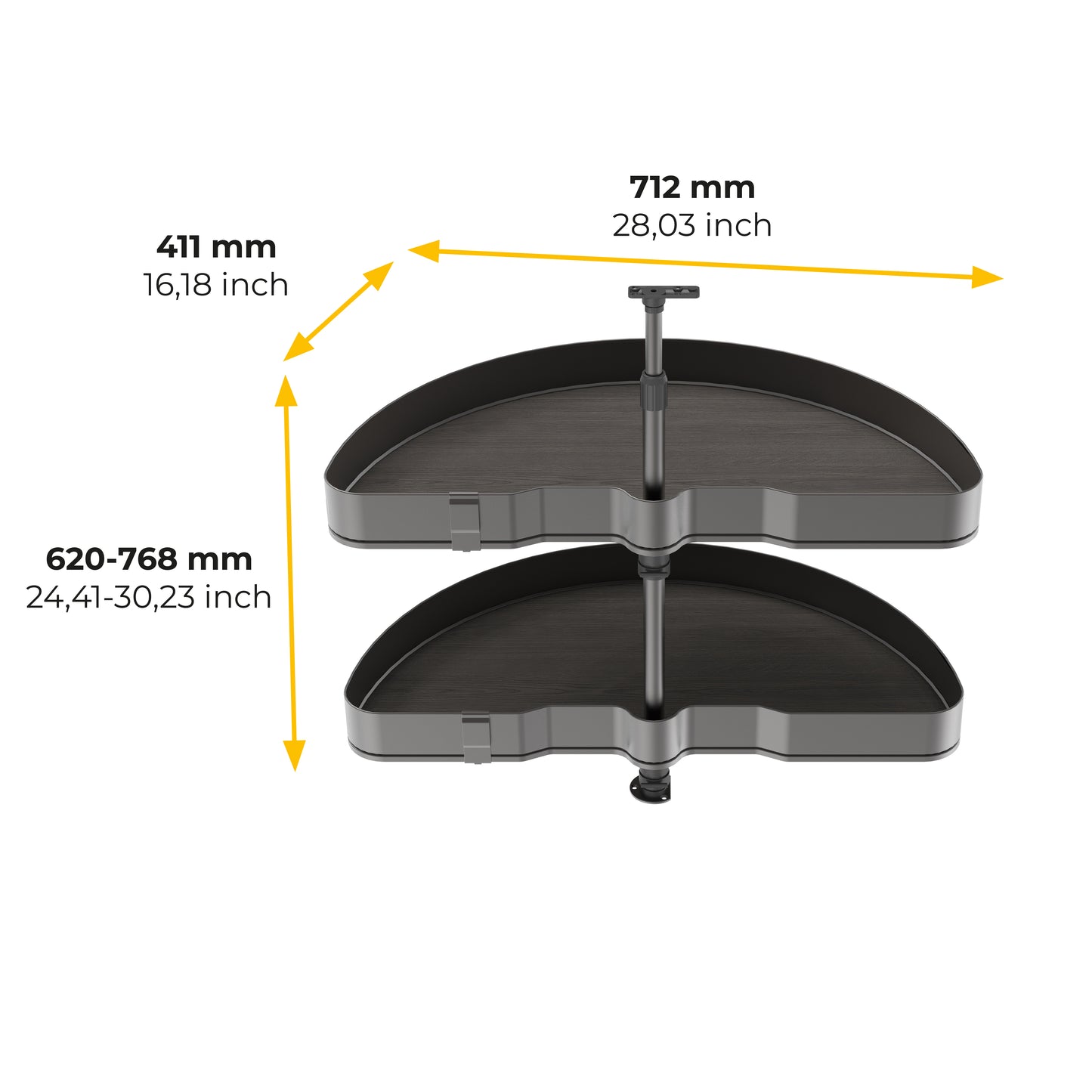Emuca Coppia di cestelli girevoli Harmony semicircolare, Modulo larghezza 800mm, Altezza regolabile, Acciaio e Legno, Grigio antracite