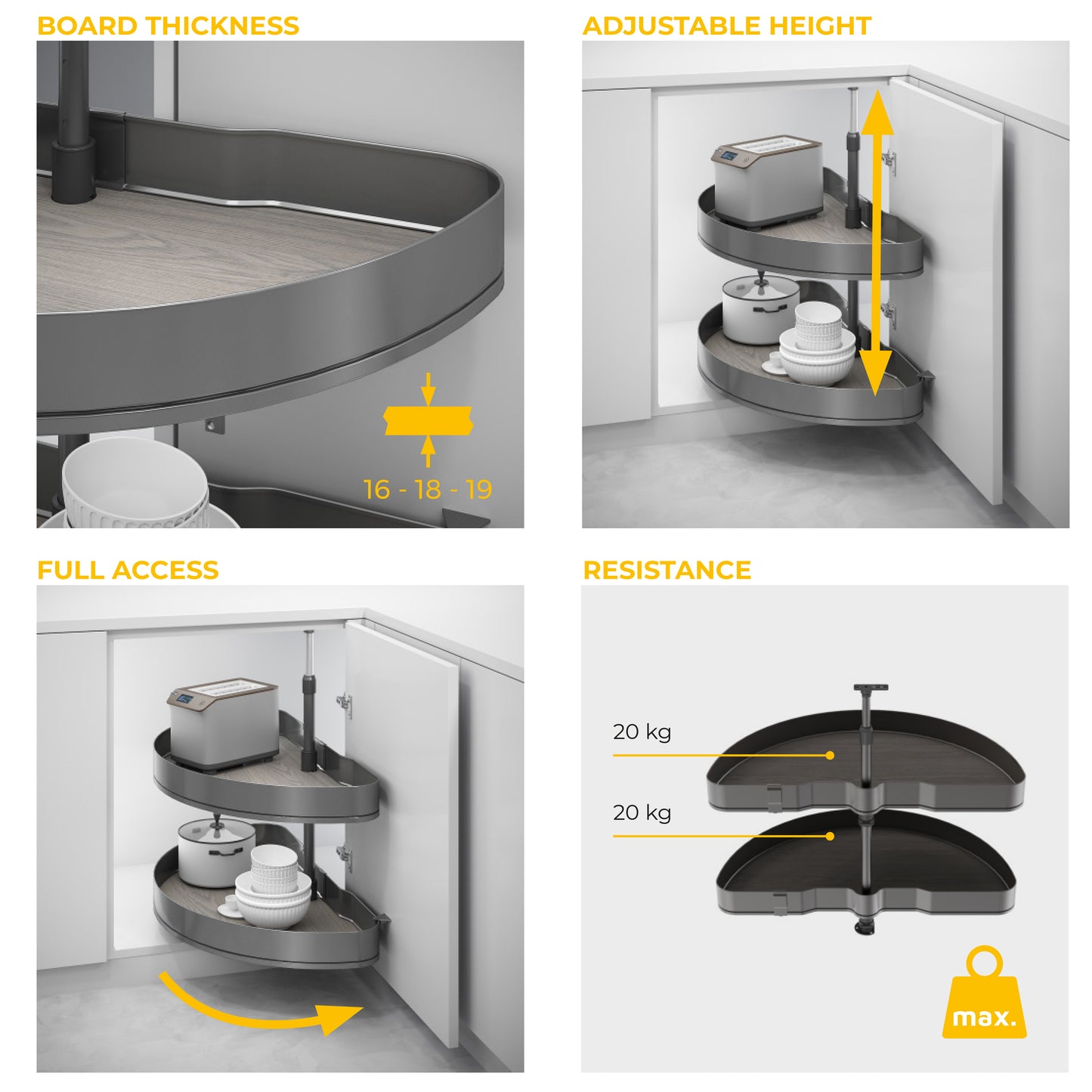 Emuca Coppia di cestelli girevoli Harmony semicircolare, Modulo larghezza 800mm, Altezza regolabile, Acciaio e Legno, Grigio antracite