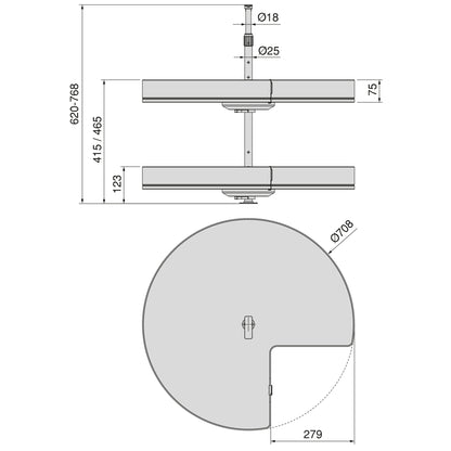 Emuca Coppia di cestelli girevole Harmony 3/4, Modulo larghezza 800mm, Altezza regolabile, Acciaio e Legno, Grigio antracite