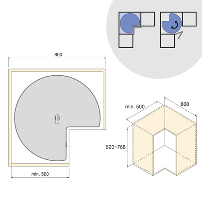 Emuca Coppia di cestelli girevole Harmony 3/4, Modulo larghezza 800mm, Altezza regolabile, Acciaio e Legno, Grigio antracite