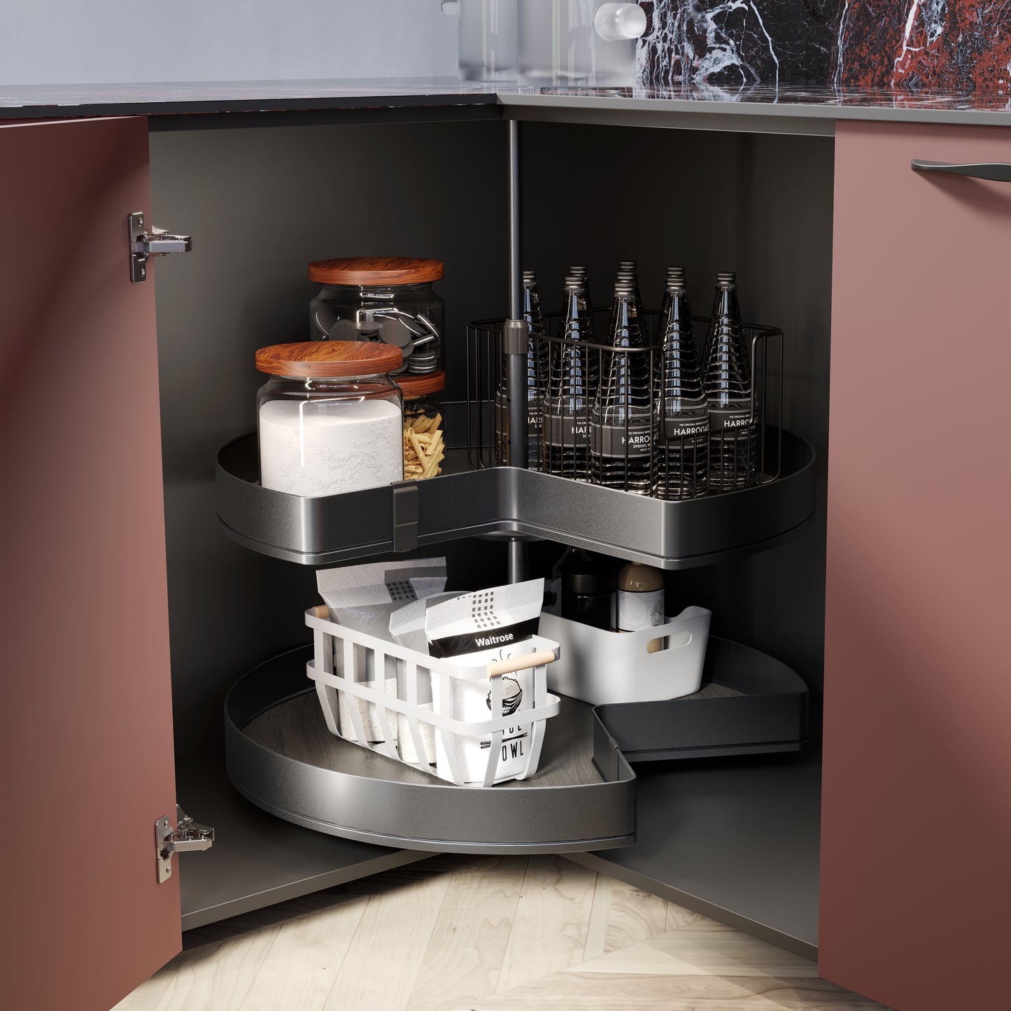 Emuca Coppia di cestelli girevole Harmony 3/4, Modulo larghezza 800mm, Altezza regolabile, Acciaio e Legno, Grigio antracite