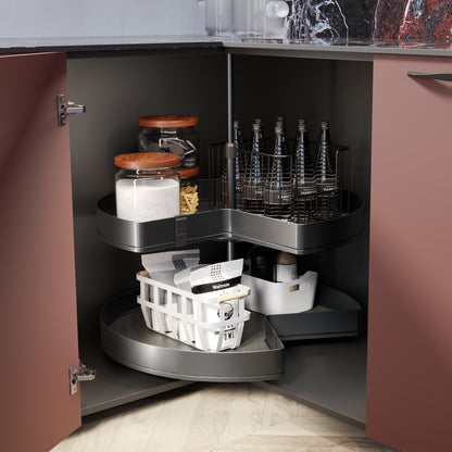 Emuca Coppia di cestelli girevole Harmony 3/4, Modulo larghezza 800mm, Altezza regolabile, Acciaio e Legno, Grigio antracite