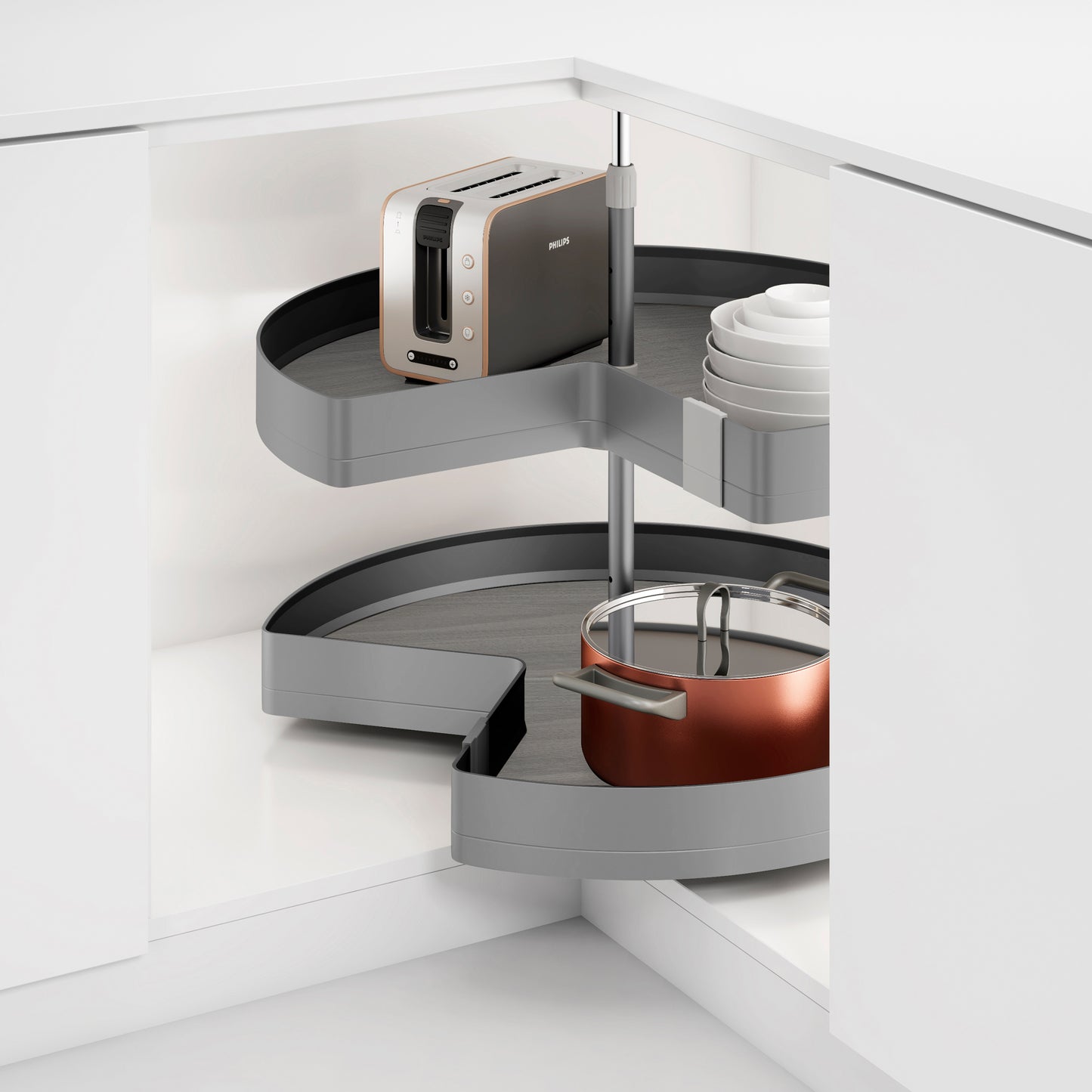 Emuca Coppia di cestelli girevole Harmony 3/4, Modulo larghezza 800mm, Altezza regolabile, Acciaio e Legno, Grigio antracite