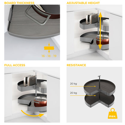 Emuca Coppia di cestelli girevole Harmony 3/4, Modulo larghezza 800mm, Altezza regolabile, Acciaio e Legno, Grigio antracite