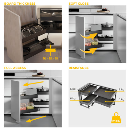 Emuca Sistema estraibile Harmony per mobili da cucina, Sinistra, Acciaio e Legno, Grigio antracite