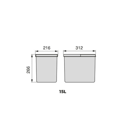 Contenitori per cassetti da cucina Recycle con coperchio anti-odore, Altezza 266, 2x15 lt, Grigio antracite Tecnoplastica