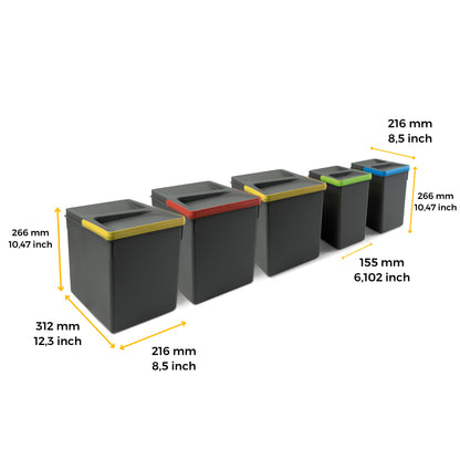 Emuca Contenitori per cassetti da cucina Recycle con coperchio anti-odore, Altezza 266, 3x15 lt, 2x7 lt, Grigio antracite Tecnoplastica