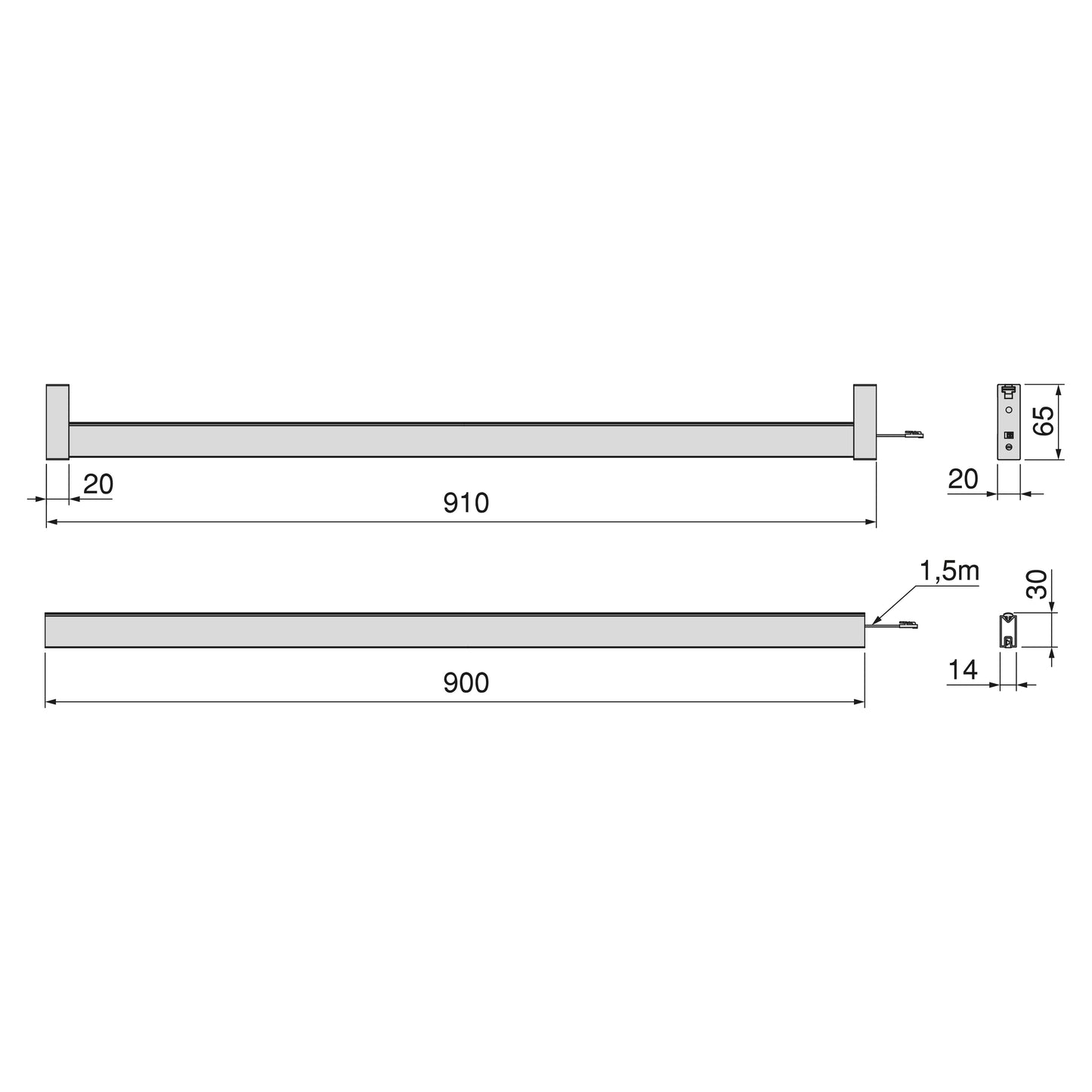 Emuca Kit barra per armadio Luxe, striscia LED 4,5x8 Neonlynx V, sensore di movimento RF Smart e convertitore Smart (24V DC), lunghezza 900mm, Luce Bianco calda 2.700K, Tecnoplastica e Alluminio, Anodizzato opaco