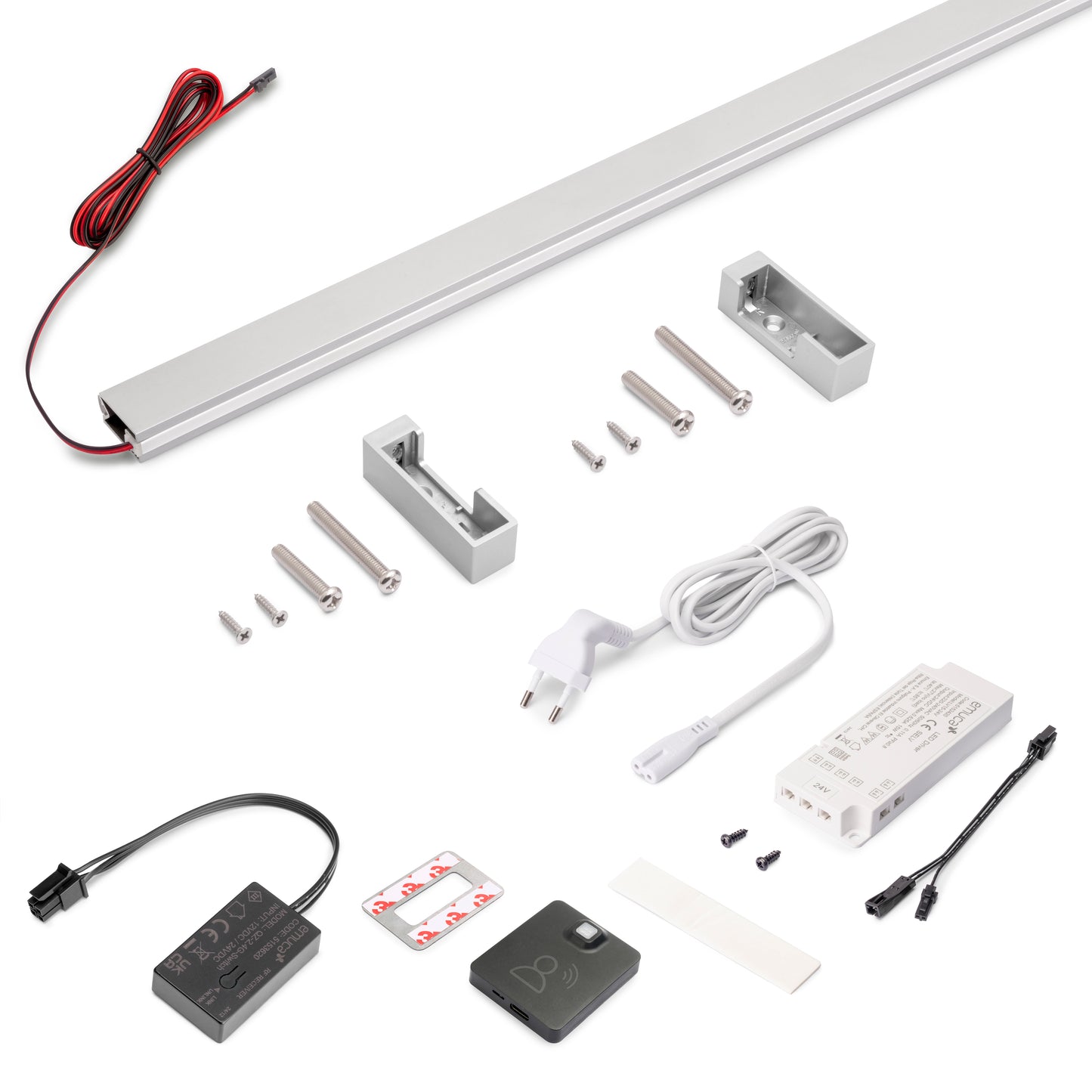 Emuca Kit barra per armadio Luxe, striscia LED 4,5x8 Neonlynx V, sensore di movimento RF Smart e convertitore Smart (24V DC), lunghezza 900mm, Luce Bianco calda 2.700K, Tecnoplastica e Alluminio, Anodizzato opaco