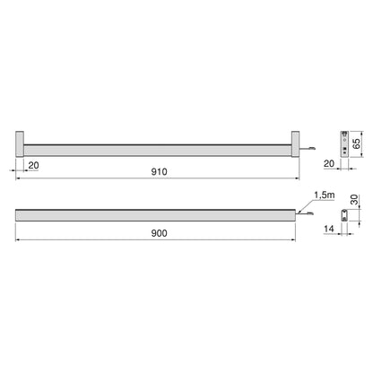 Emuca Kit barra per armadio Luxe, striscia LED 4,5x8 Neonlynx V, sensore di movimento RF Smart e convertitore Smart (24V DC), lunghezza 900mm, Luce Bianco calda 2.700K, Tecnoplastica e Alluminio, Titanio