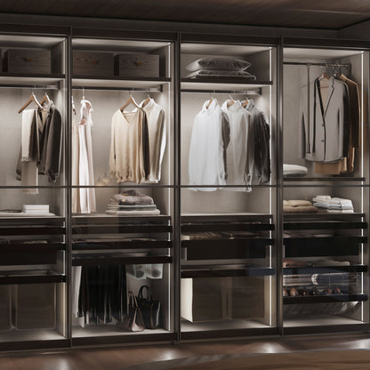 Emuca Kit barra per armadio Luxe, striscia LED 4,5x8 Neonlynx V, sensore di movimento RF Smart e convertitore Smart (24V DC), lunghezza 900mm, Luce Bianco calda 2.700K, Tecnoplastica e Alluminio, Titanio