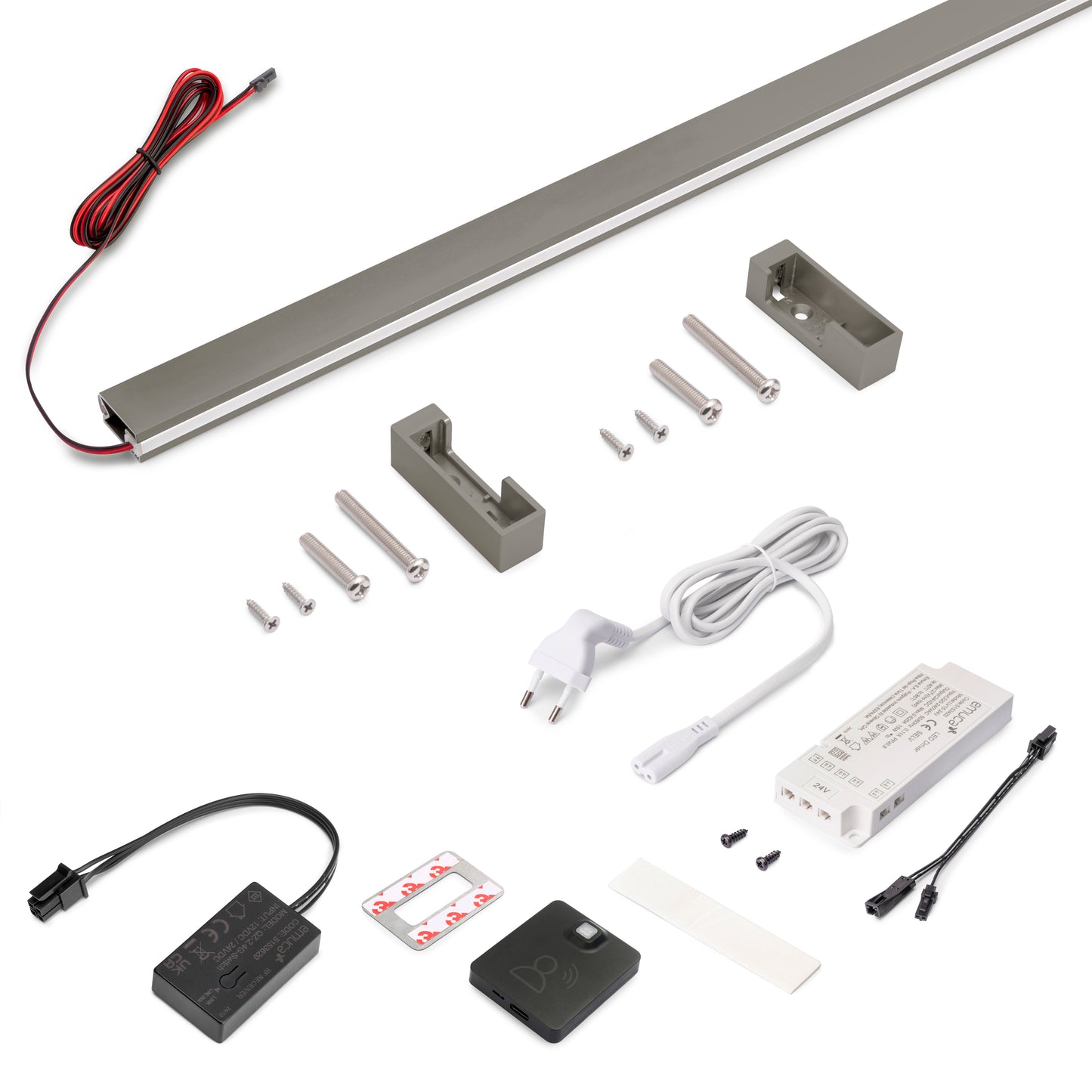 Emuca Kit barra per armadio Luxe, striscia LED 4,5x8 Neonlynx V, sensore di movimento RF Smart e convertitore Smart (24V DC), lunghezza 900mm, Luce Bianco calda 2.700K, Tecnoplastica e Alluminio, Titanio