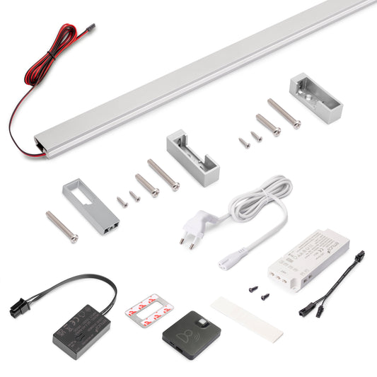 Emuca Kit barra per armadio Luxe, striscia LED 4,5x8 Neonlynx V, sensore di movimento RF Smart e convertitore Smart (24V DC), lunghezza 1.150mm, Luce Bianco calda 2.700K, Tecnoplastica e Alluminio, Anodizzato opaco