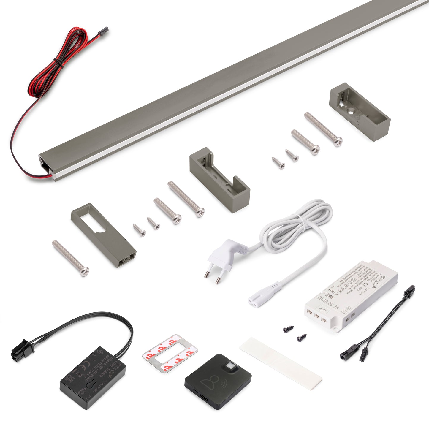 Emuca Kit barra per armadio Luxe, striscia LED 4,5x8 Neonlynx V, sensore di movimento RF Smart e convertitore Smart (24V DC), lunghezza 1.150mm, Luce Bianco calda 2.700K, Tecnoplastica e Alluminio, Titanio